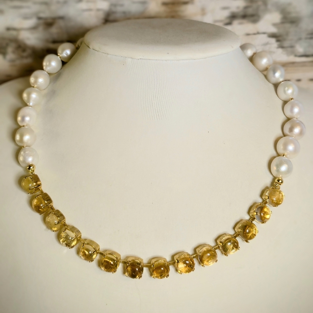 Natural Yellow Citrine & Large Genuine Baroque Pearls In Trendy Gold Necklace